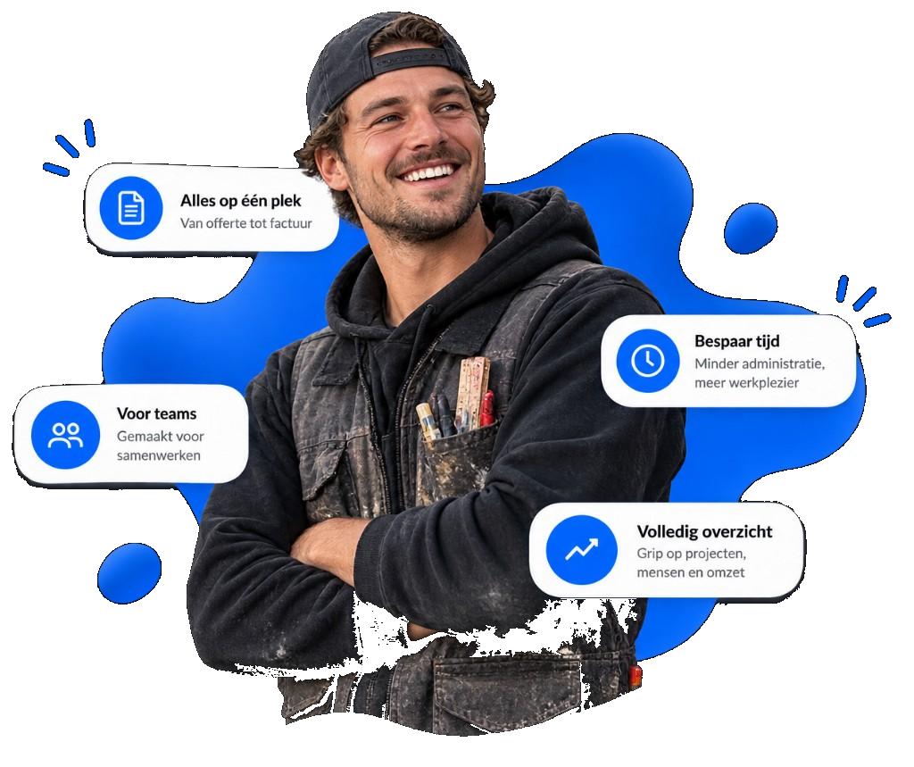 Vakman met overzicht van offertes, planning, teams en projecten in WerkOS